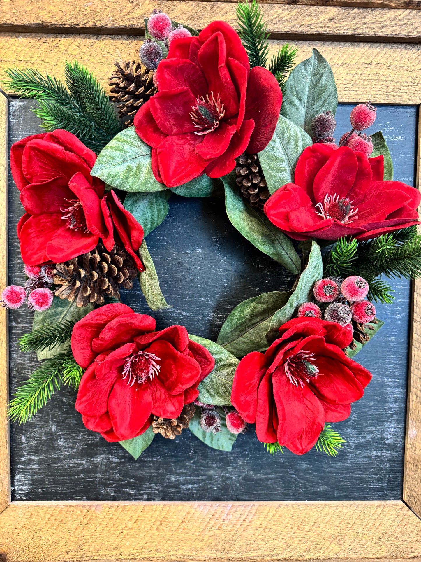 Velvet Magnolia, Pine and Sugared Berry Wreath