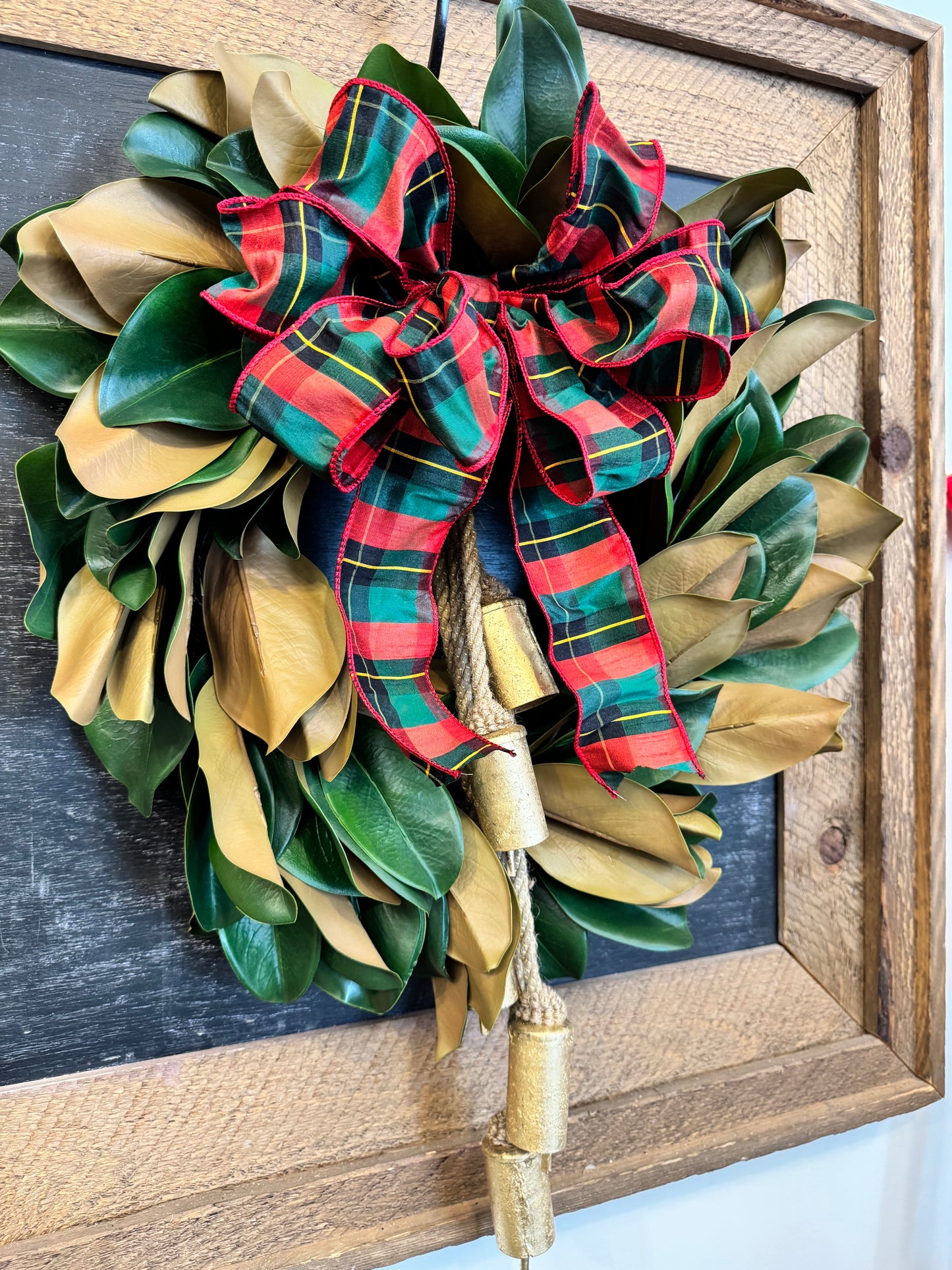 Magnolia Wreath with plaid Bow and Gold Bells