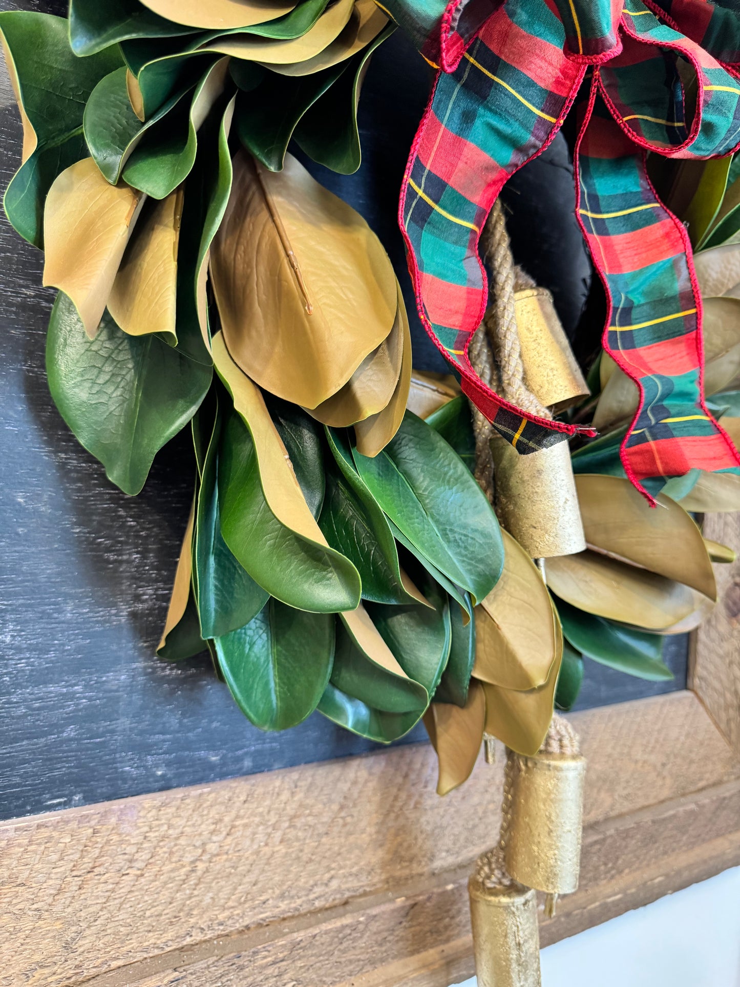Magnolia Wreath with plaid Bow and Gold Bells