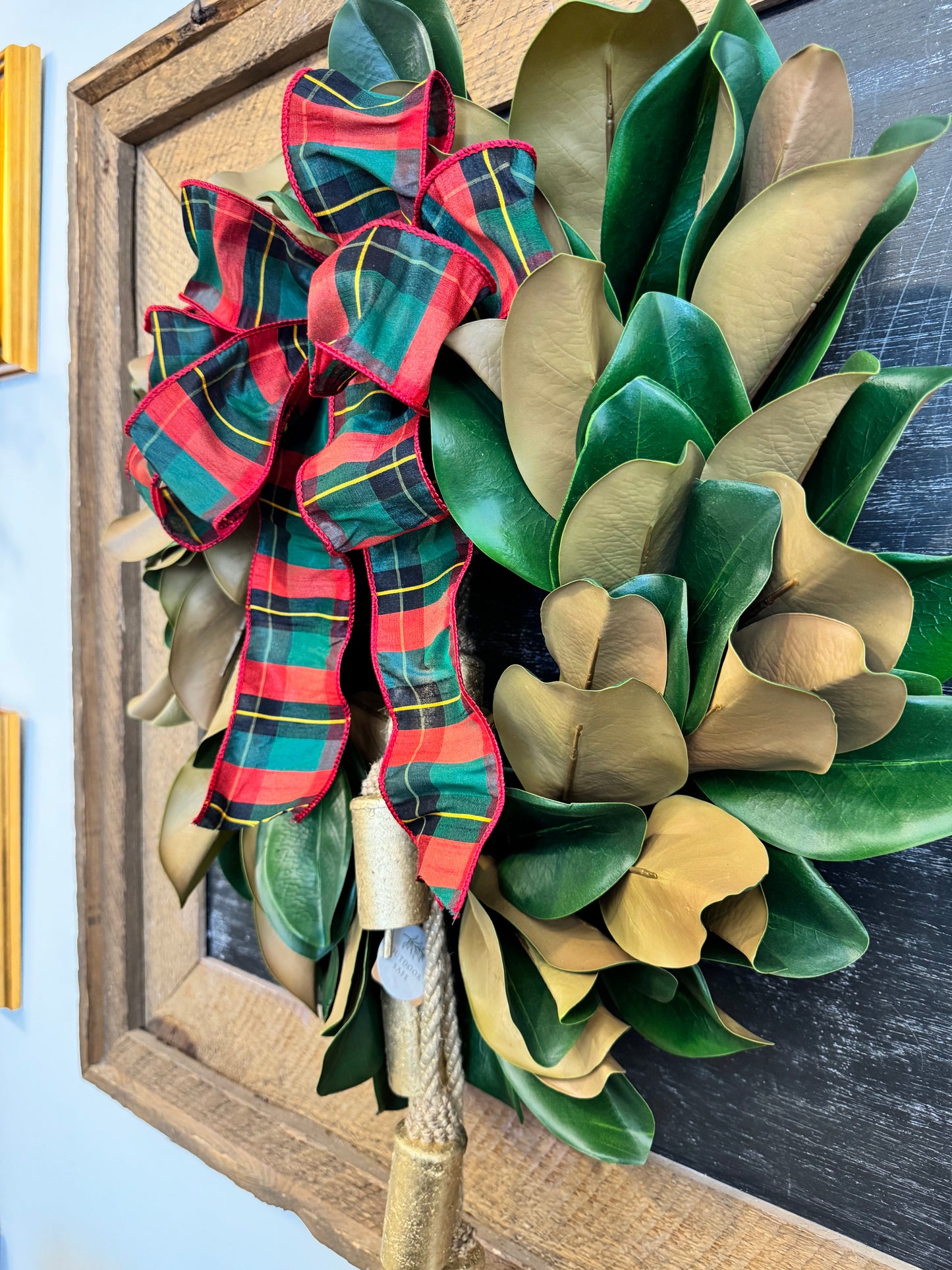Magnolia Wreath with plaid Bow and Gold Bells