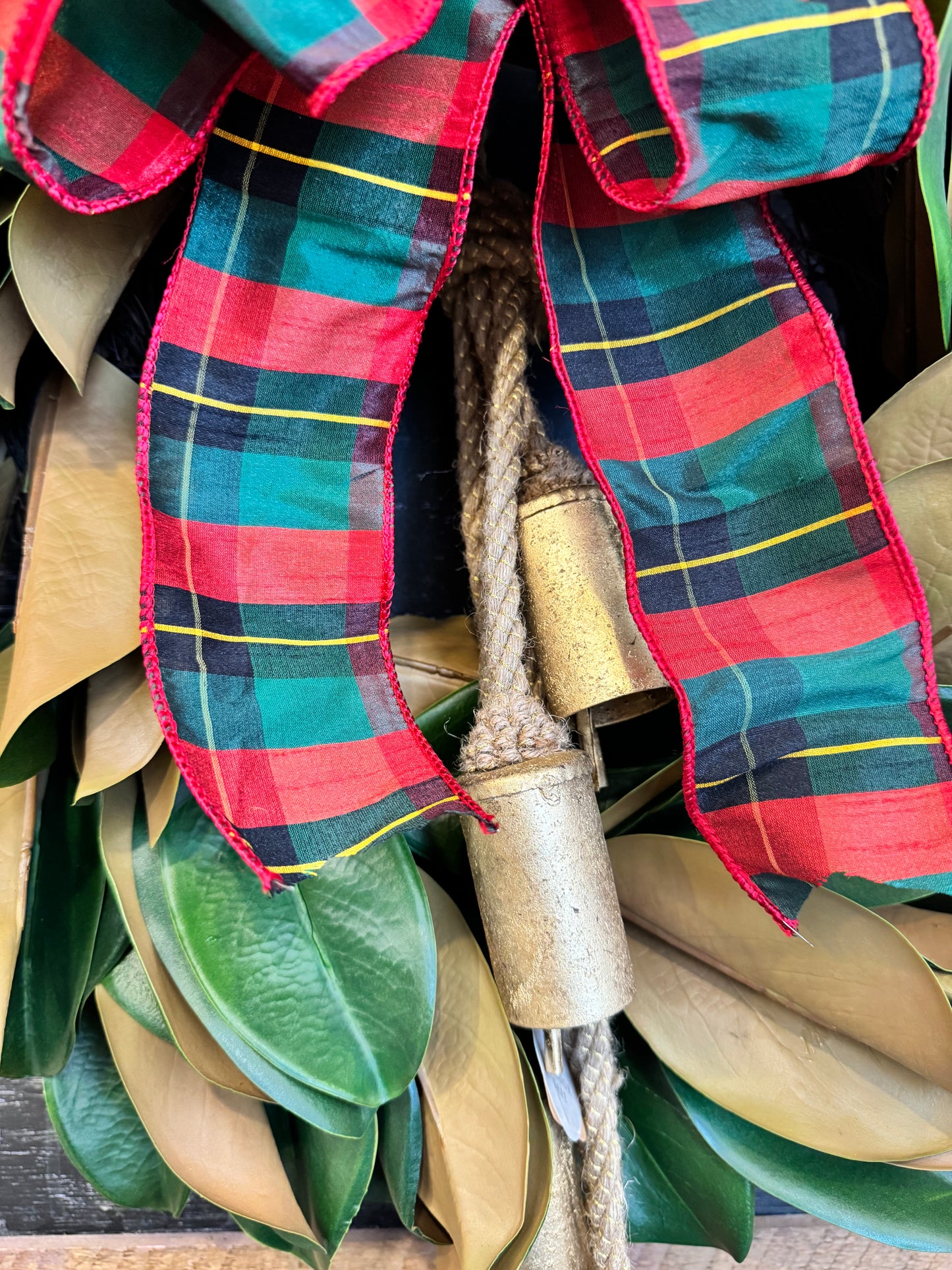 Magnolia Wreath with plaid Bow and Gold Bells
