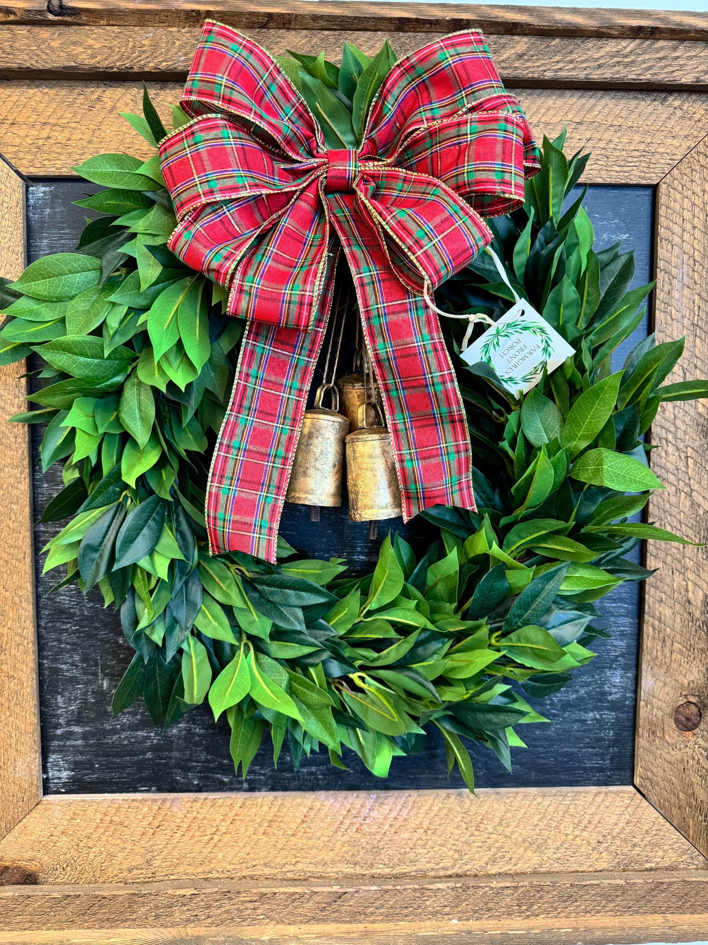 Bay Leaf Wreath with Gold Bells and Plaid Bow
