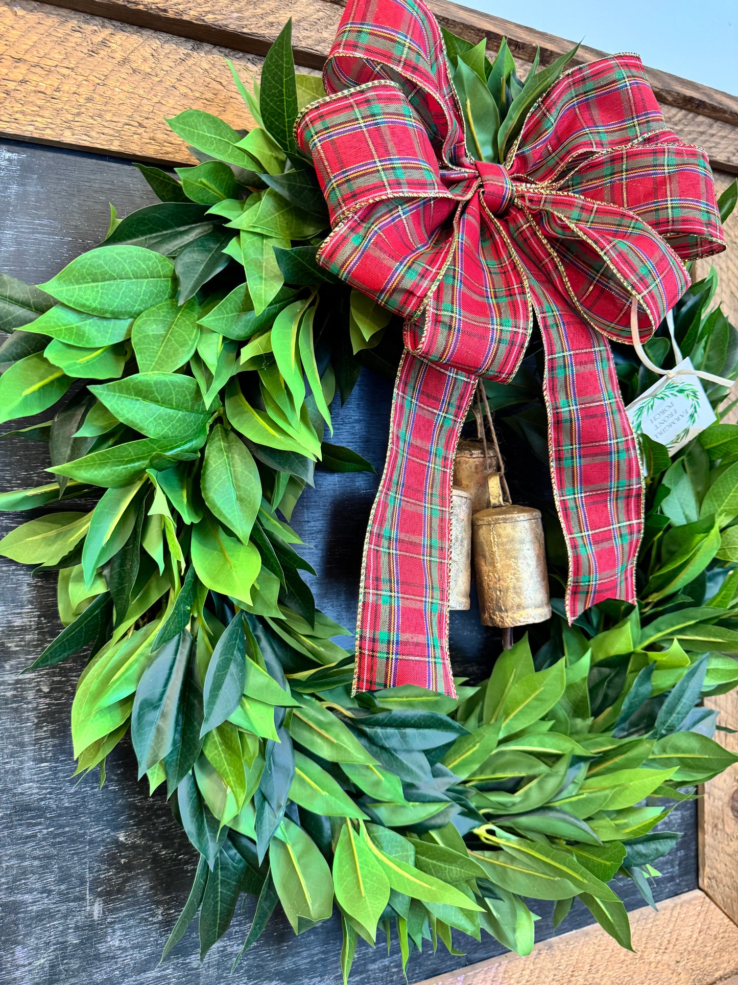 Bay Leaf Wreath with Gold Bells and Plaid Bow