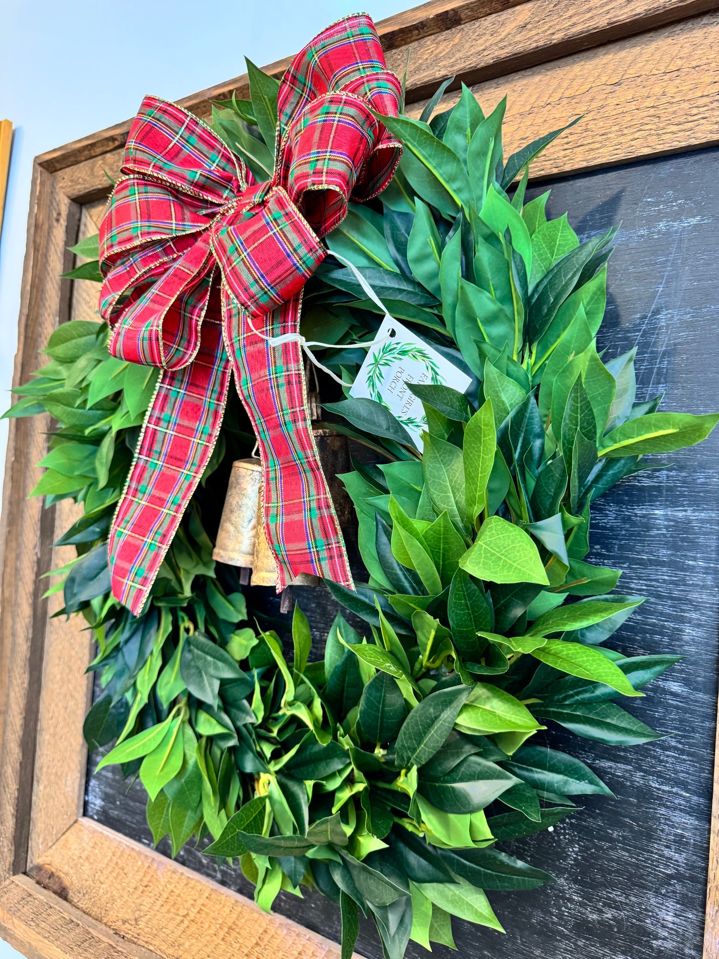 Bay Leaf Wreath with Gold Bells and Plaid Bow