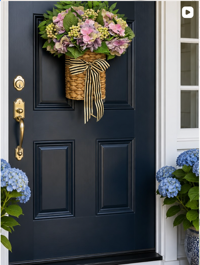 A navy blue front door decorated with a woven basket wall hanging filled with pink and purple hydrangeas, green leaves, and a black-and-cream striped ribbon. Gold-toned hardware and white trim frame the door, with additional blue hydrangeas visible at the sides.