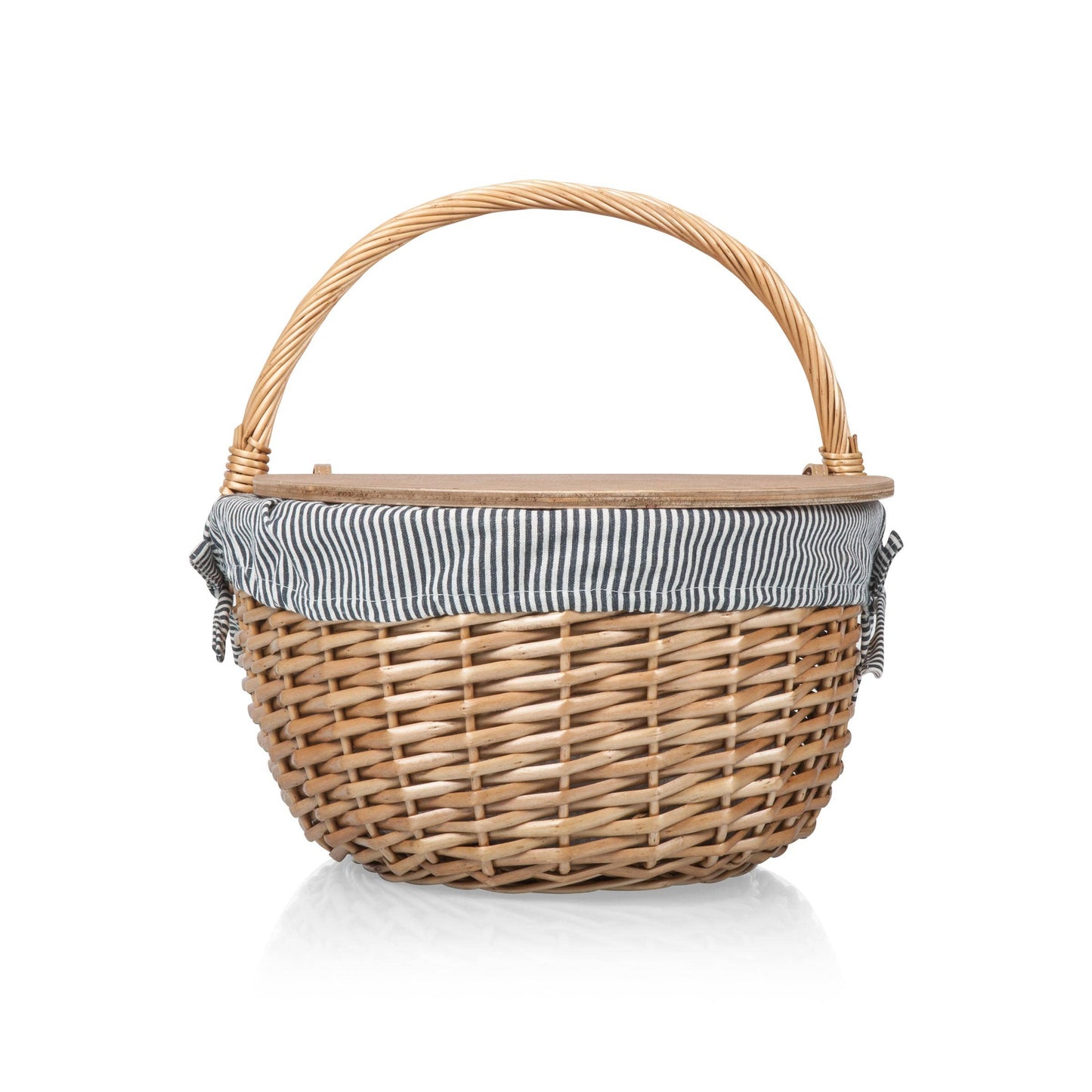 Country Vintage Picnic Wicker Basket: Navy Blue & White Stripe