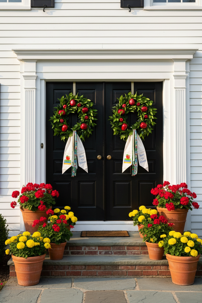 Back to School Wreath on White Clapboard New England Home