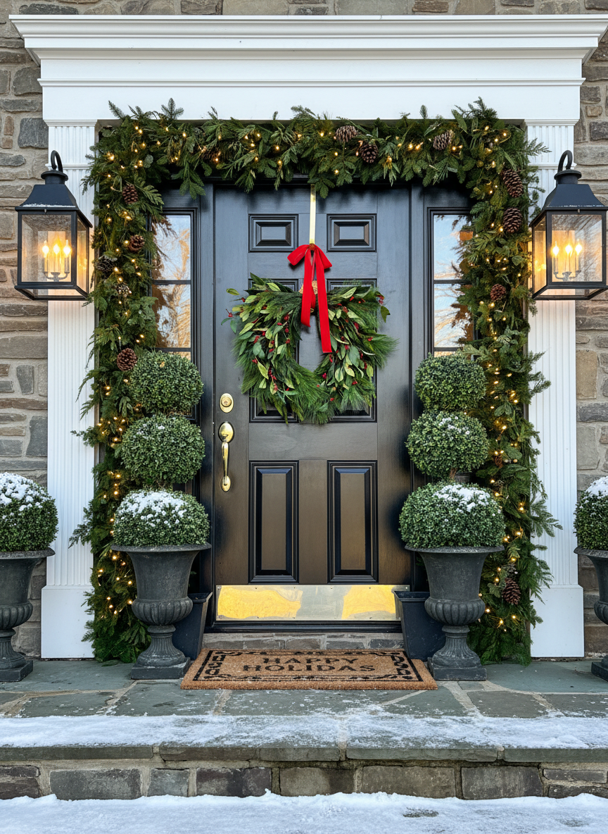 Beautiful Christmas front door scene with Holly Berry wreath