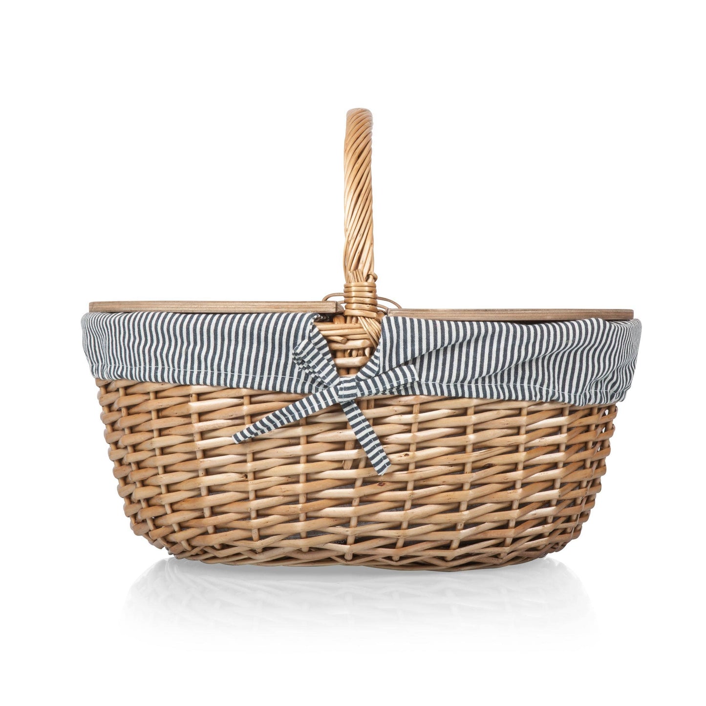 Country Vintage Picnic Wicker Basket: Navy Blue & White Stripe