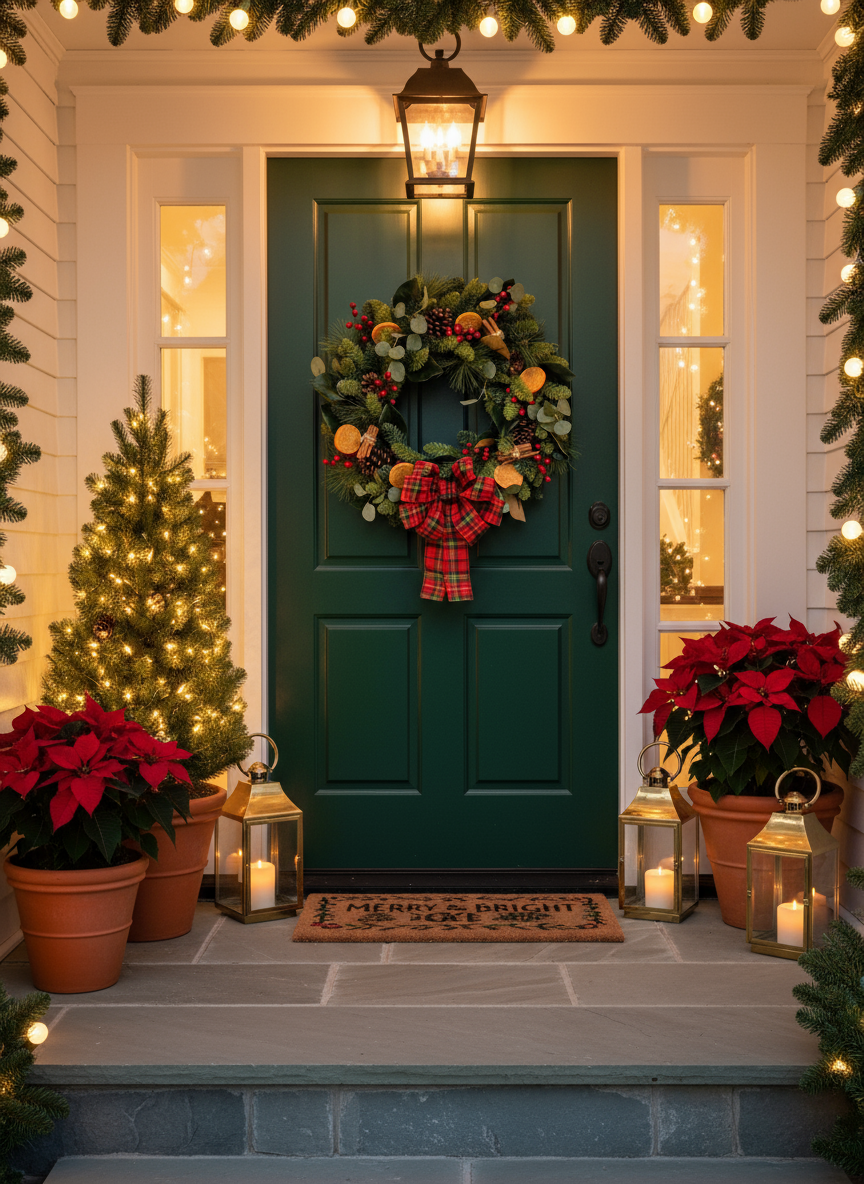 Christmas Front Door Scene with Cozy Holiday Wreath