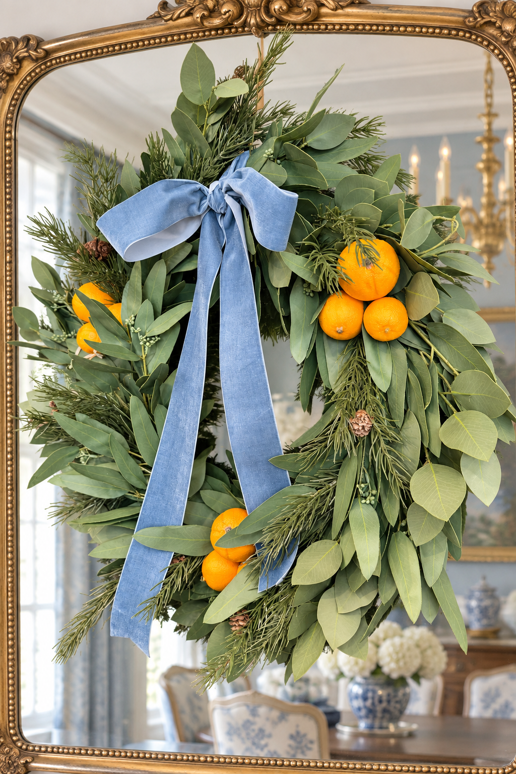 Close-up of your wreath on a brass mirror, without the price tag