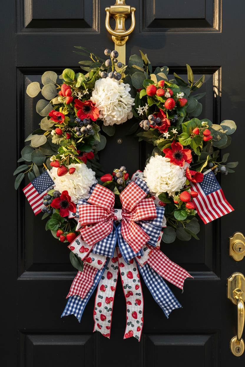 Close-Up Patriotic Wreath on Black Colonial Door