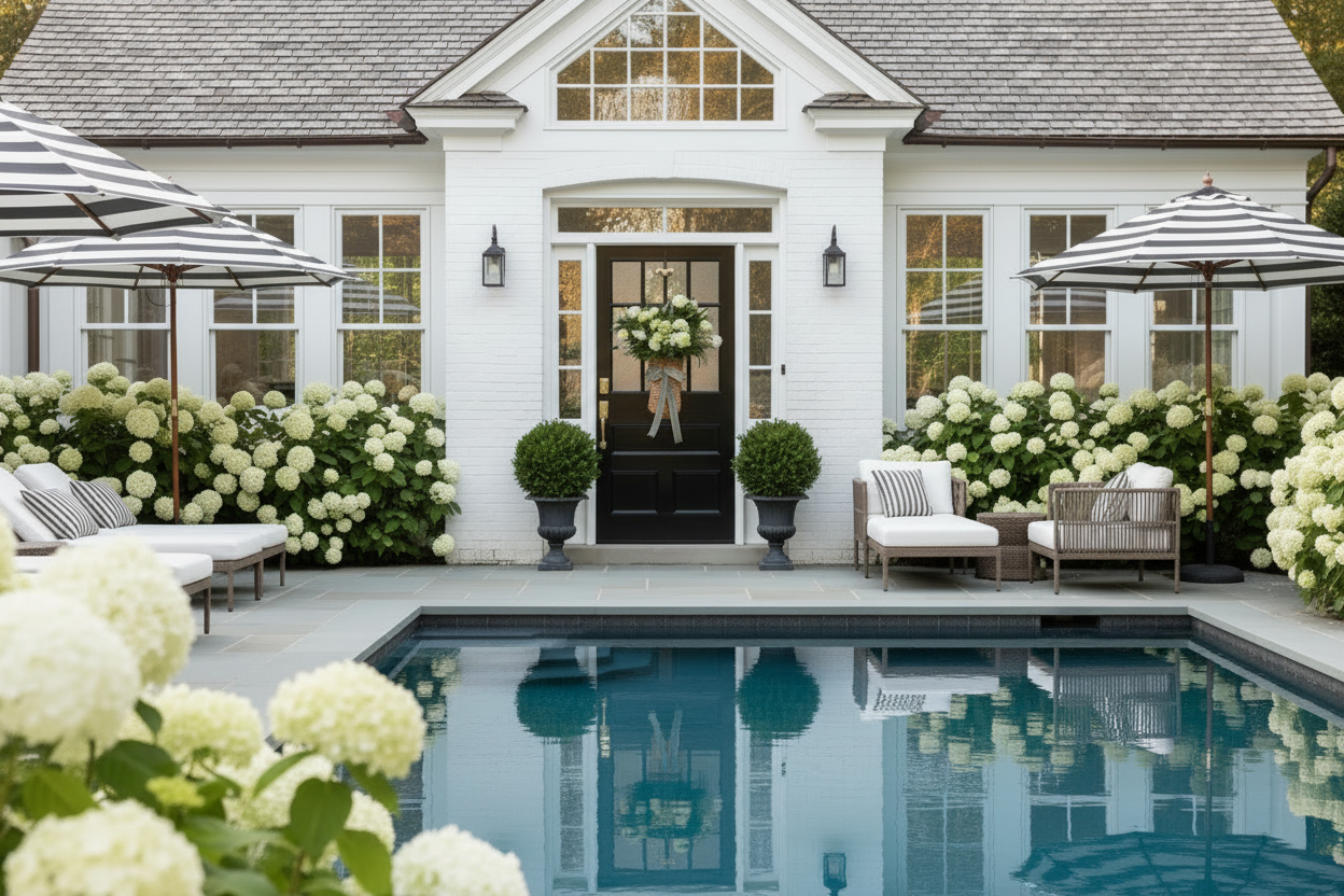 Closer Pool House Hydrangea Basket Luxury Estate Scene