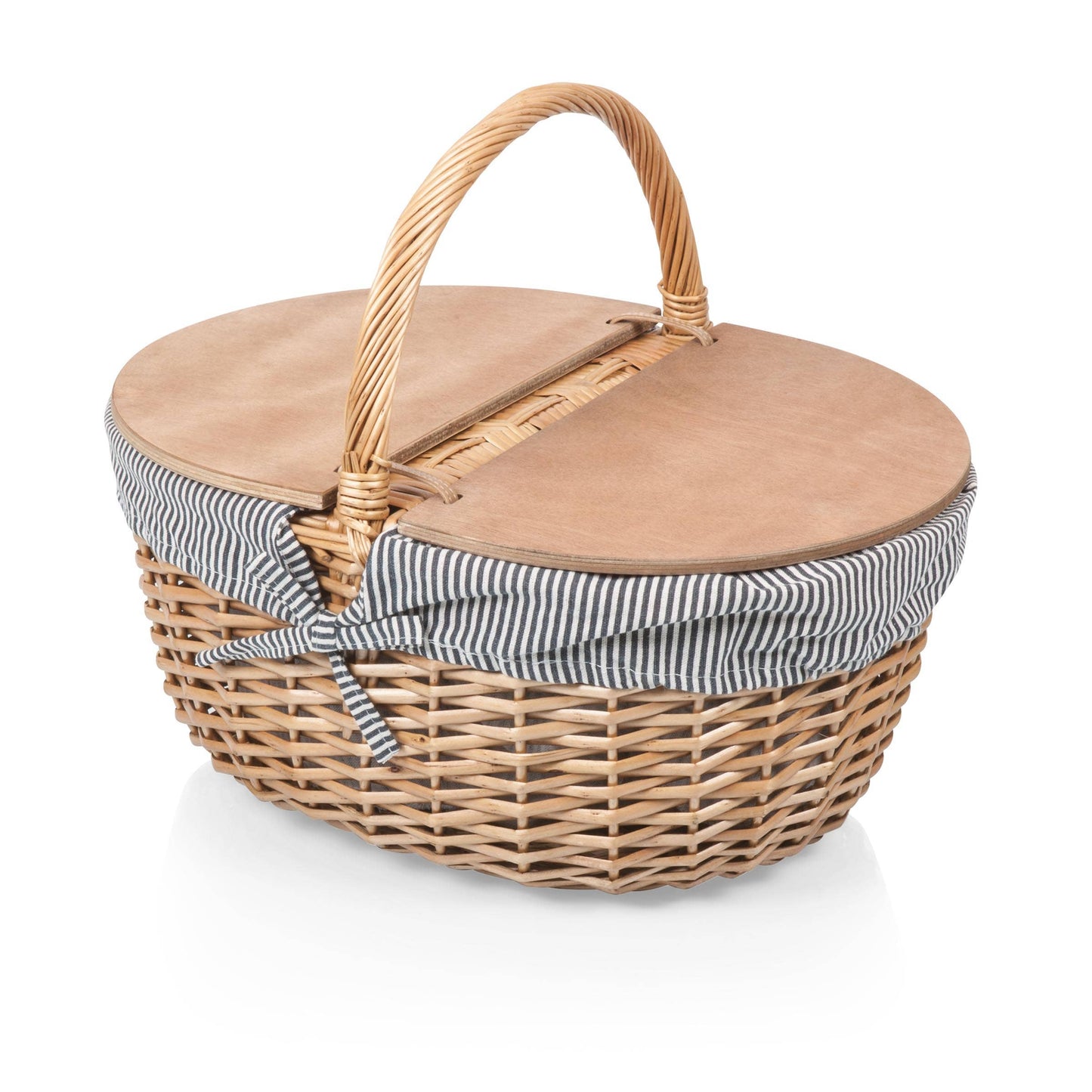 Country Vintage Picnic Wicker Basket: Navy Blue & White Stripe