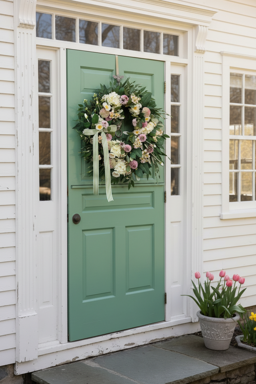 Dogwood and Dahlia Spring Wreath on Light Green Dutch Door