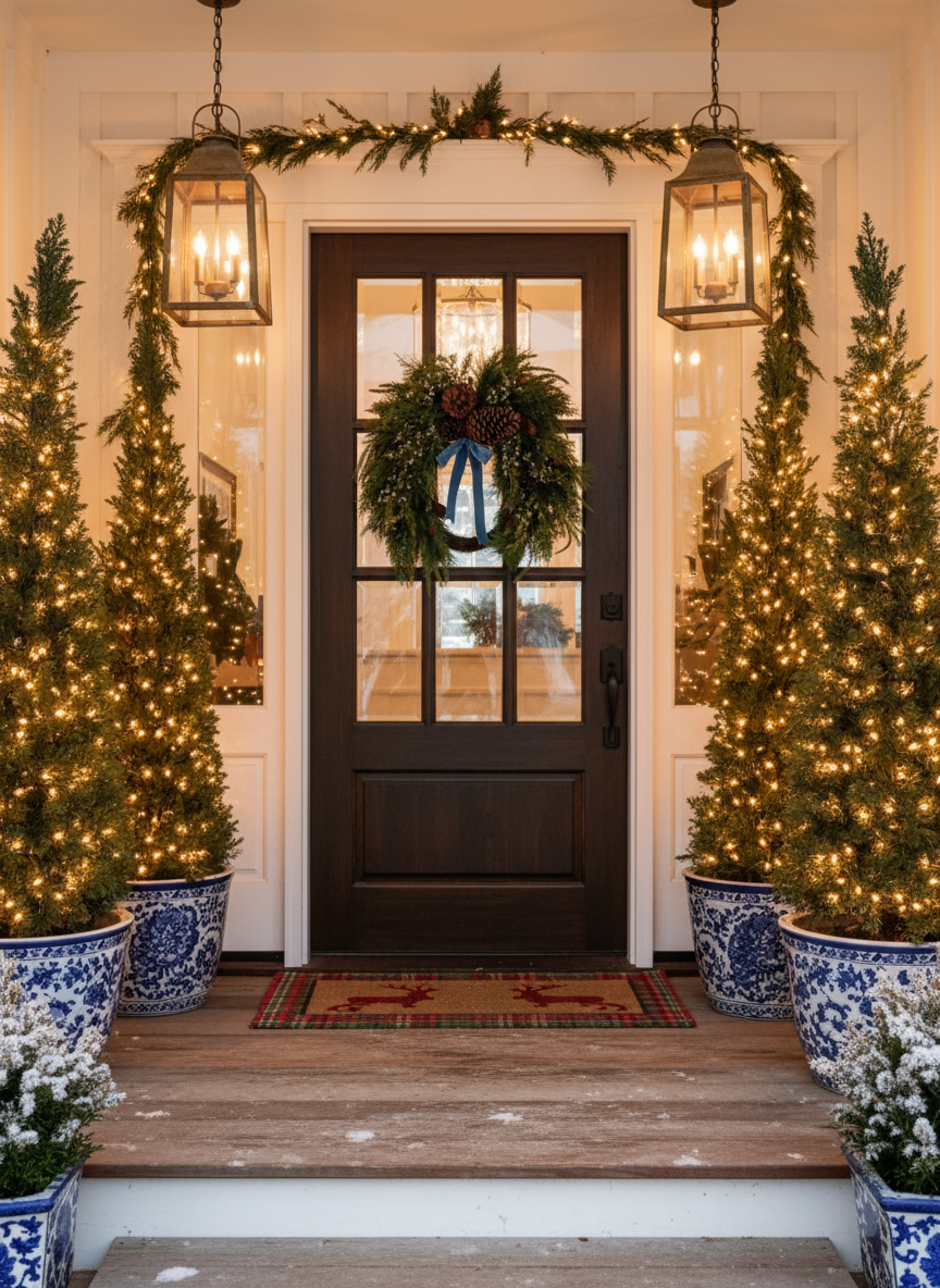 Elegant front door with XL Faux Juniper Berry & Pinecone Wreath
