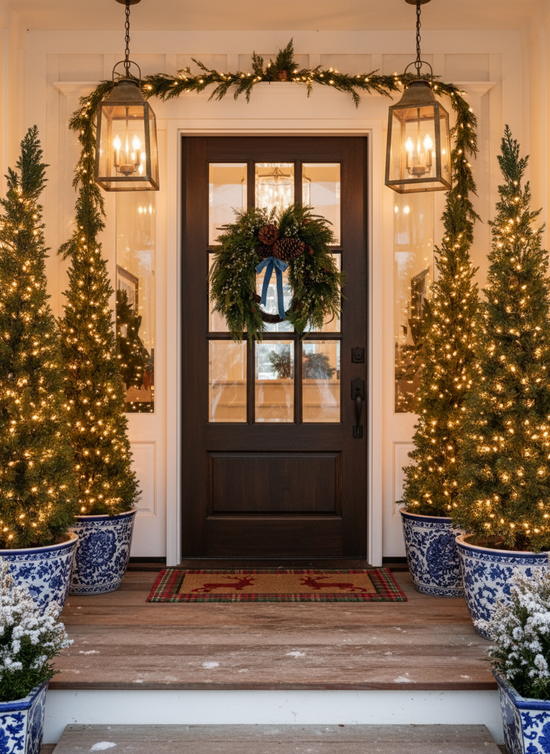 Elegant front door with XL Faux Juniper Berry & Pinecone Wreath