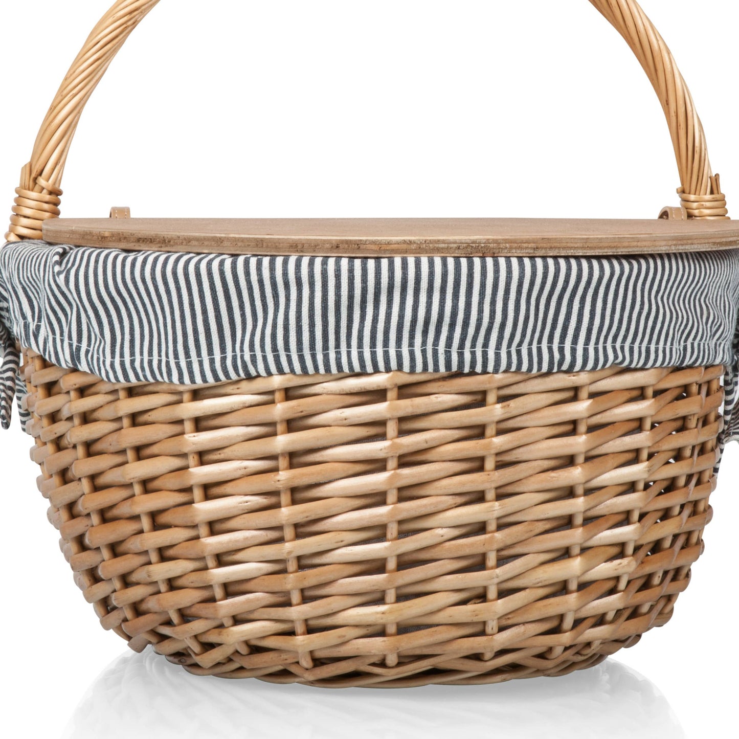 Country Vintage Picnic Wicker Basket: Navy Blue & White Stripe