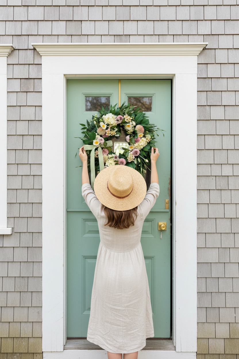 Head-on view of dogwood dahlia wreath on New England cottage Dutch door