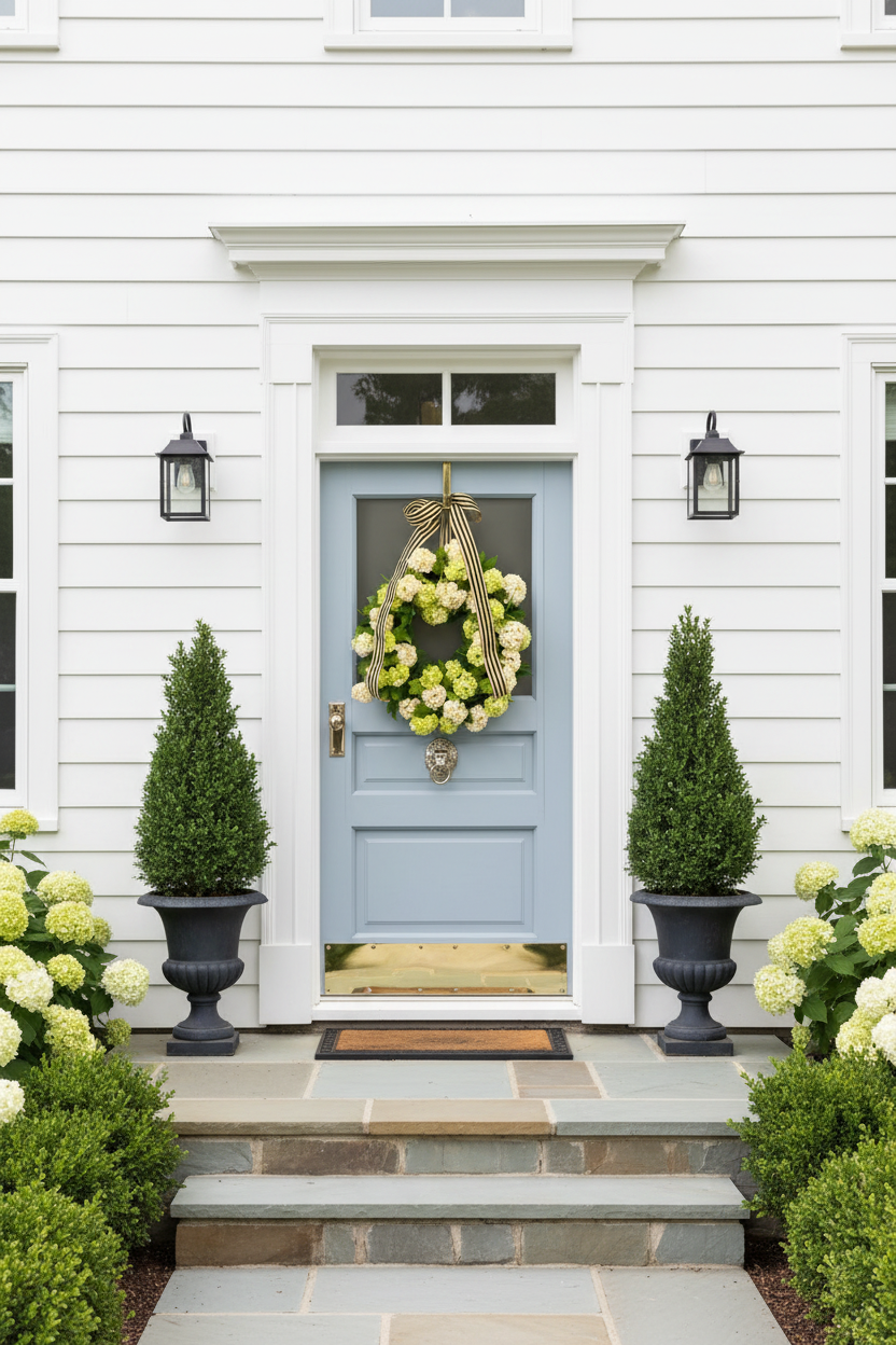 Hydrangea Wreath on White Clapboard Dutch Door