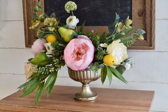Peony, Allium, Helleborus and Pear Compote Arrangement