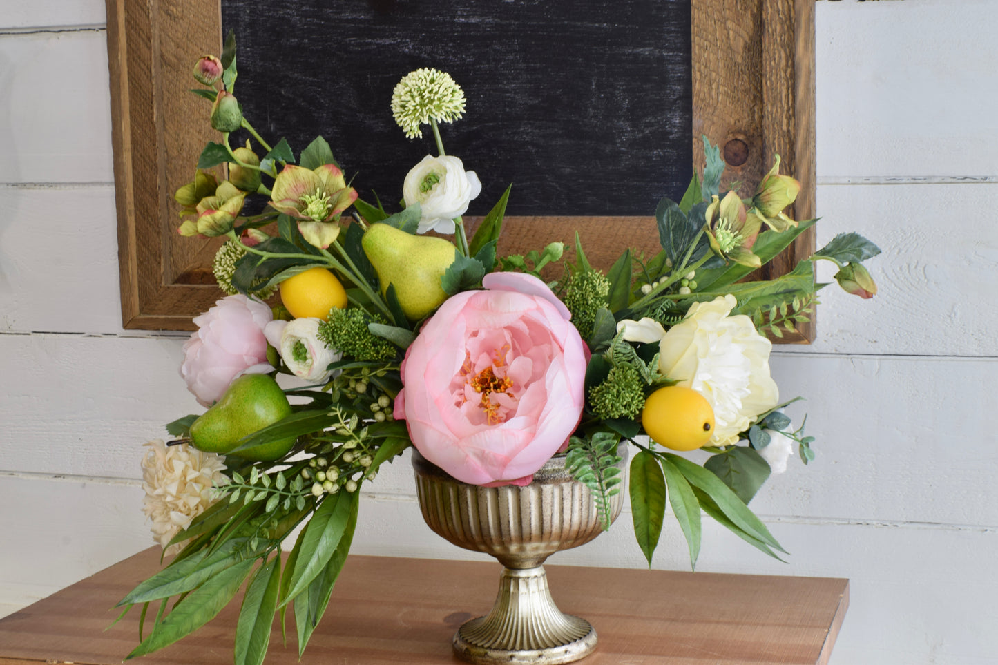 Peony, Allium, Helleborus and Pear Compote Arrangement