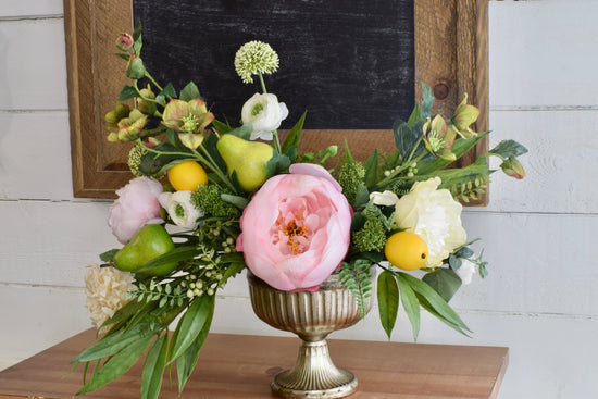 Peony, Allium, Helleborus and Pear Compote Arrangement