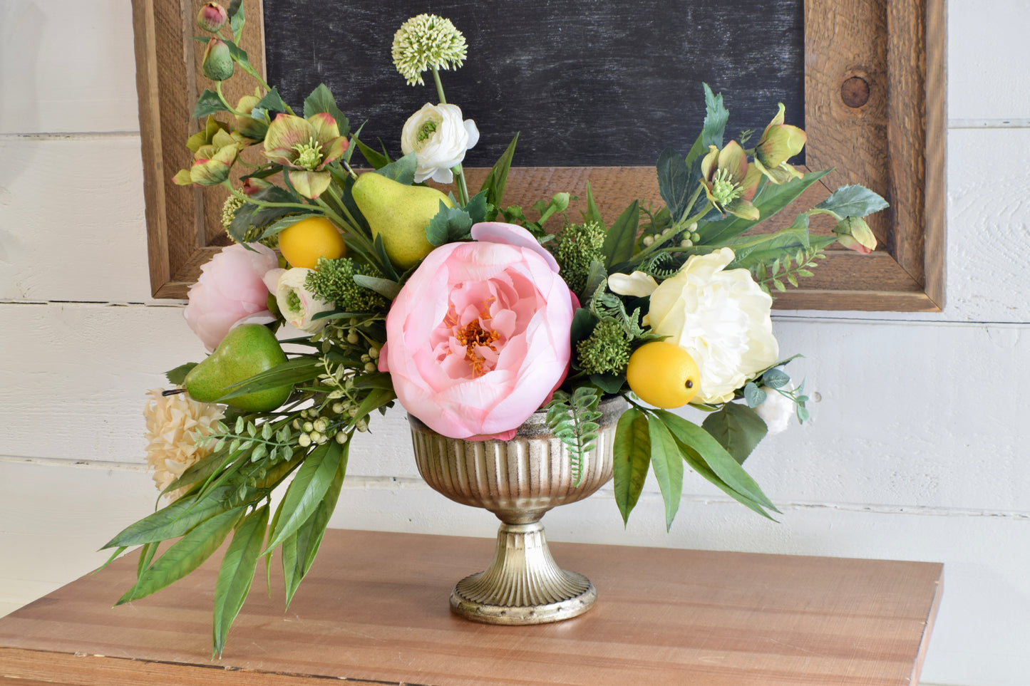 Peony, Allium, Helleborus and Pear Compote Arrangement
