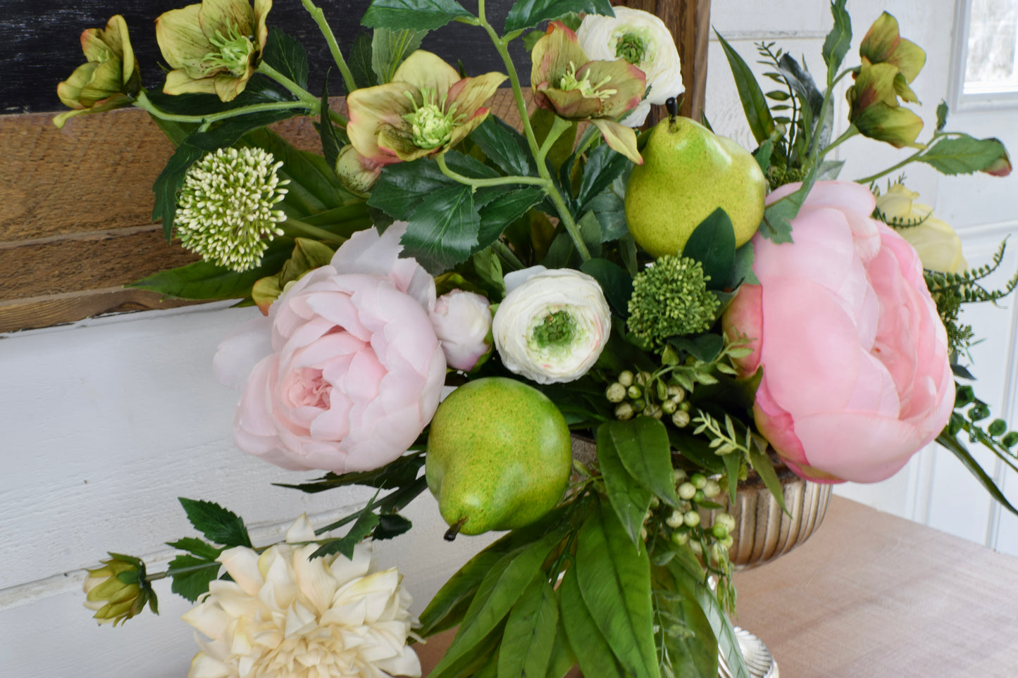 Peony, Allium, Helleborus and Pear Compote Arrangement