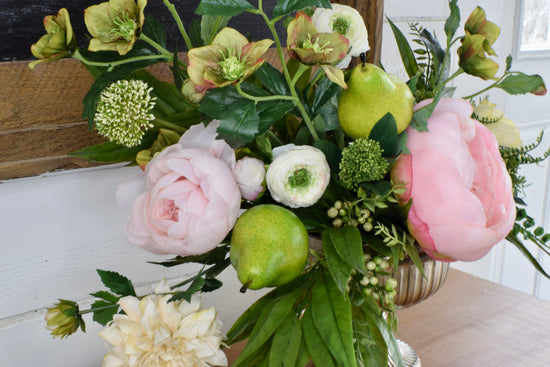 Peony, Allium, Helleborus and Pear Compote Arrangement