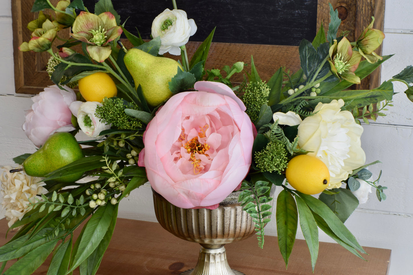 Peony, Allium, Helleborus and Pear Compote Arrangement