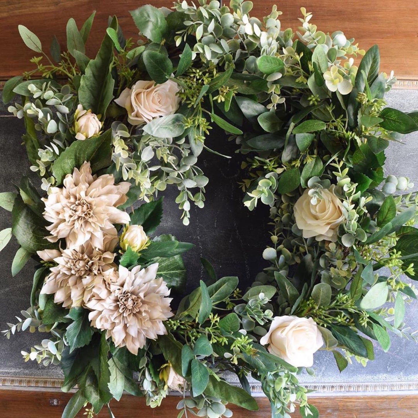 Load image into Gallery viewer, Neutral Beige Dahlia Wreath
