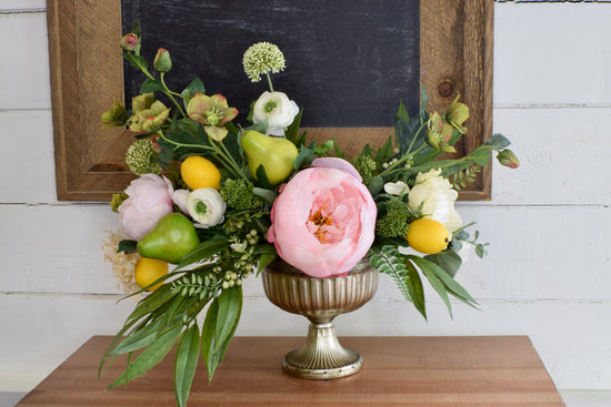 Peony, Allium, Helleborus and Pear Compote Arrangement