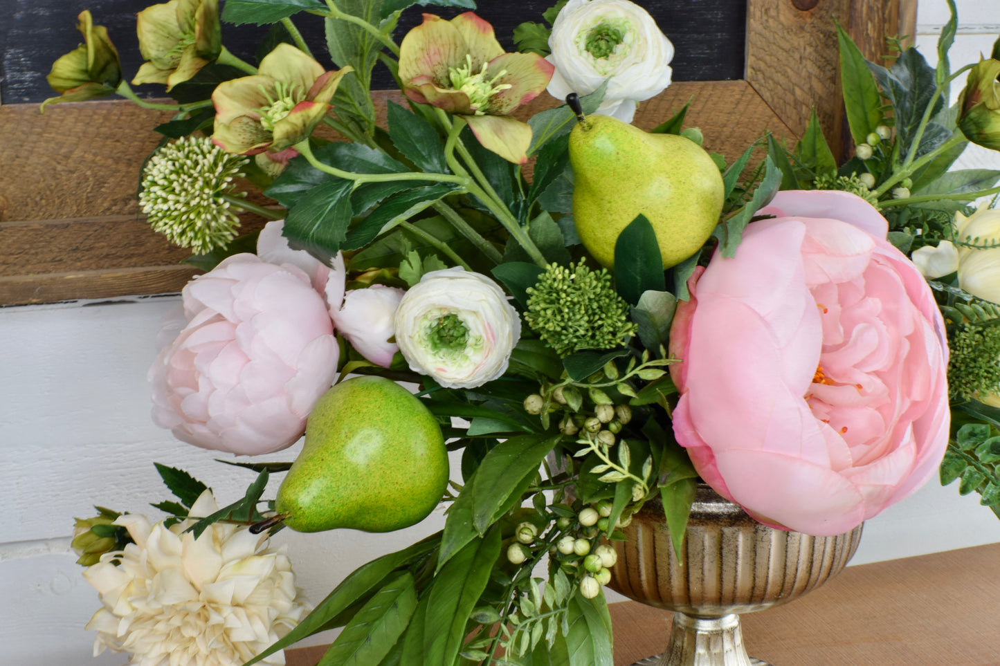 Peony, Allium, Helleborus and Pear Compote Arrangement
