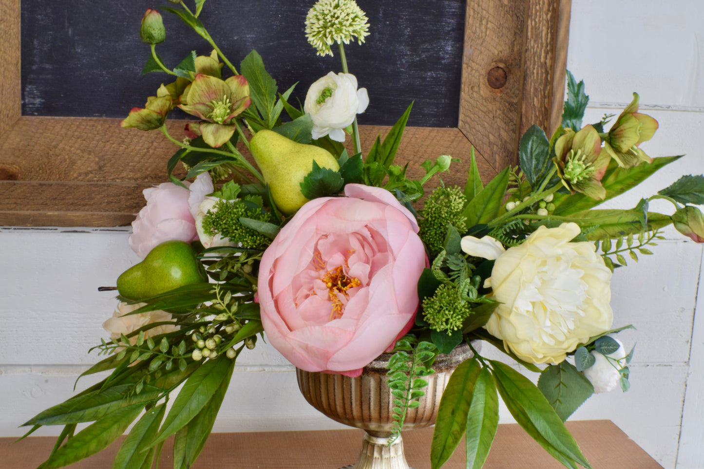 Peony, Allium, Helleborus and Pear Compote Arrangement