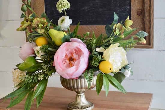 Peony, Allium, Helleborus and Pear Compote Arrangement