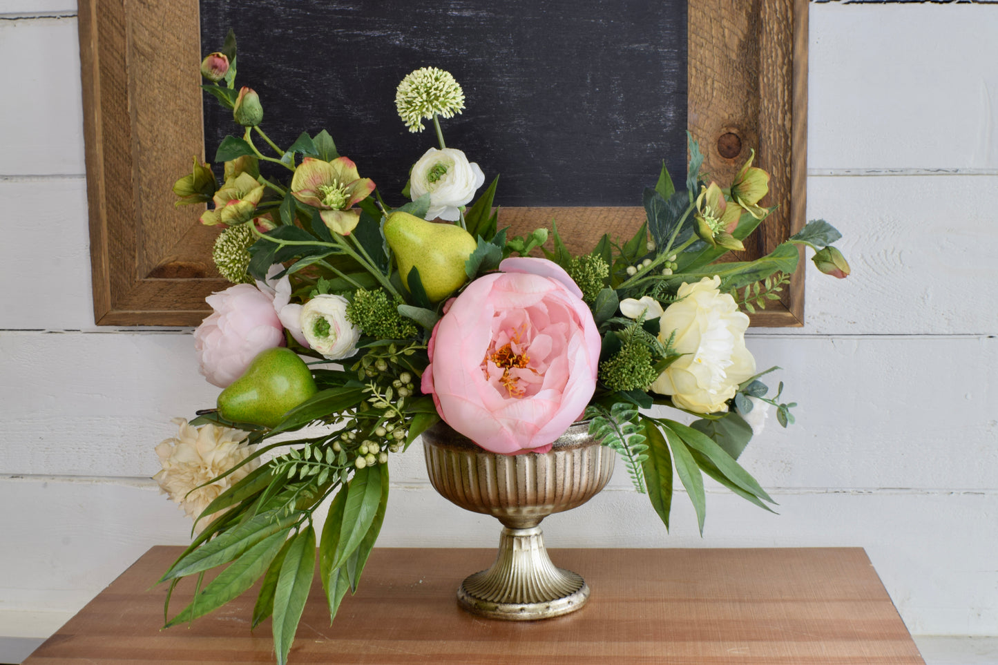 Peony, Allium, Helleborus and Pear Compote Arrangement