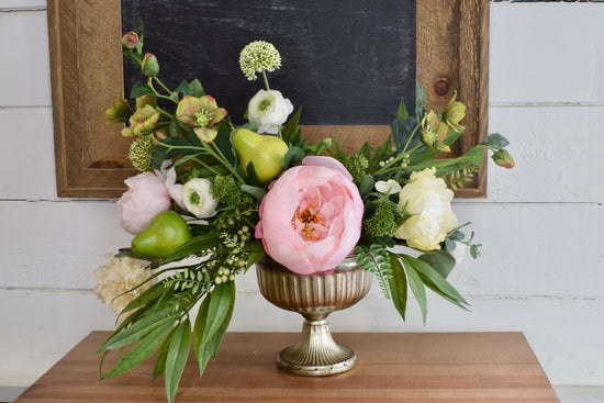 Peony, Allium, Helleborus and Pear Compote Arrangement