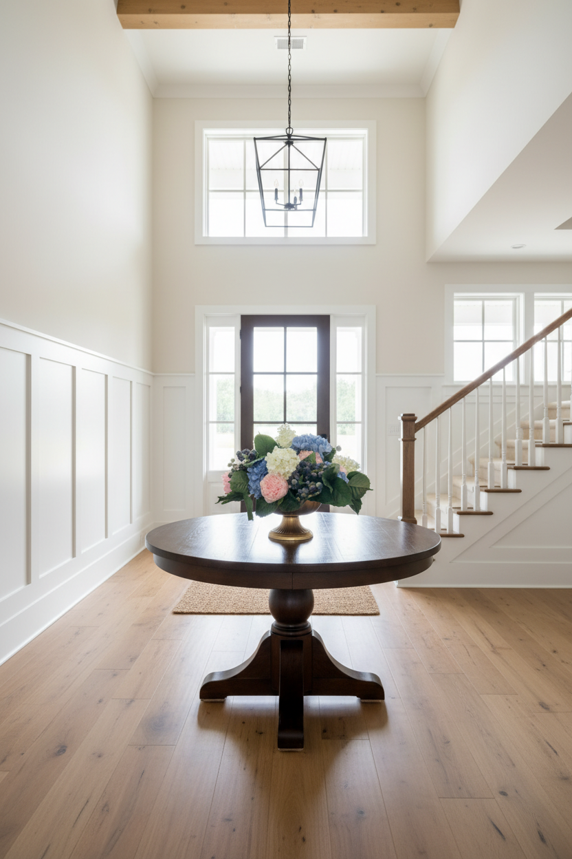 Modern farmhouse foyer with Hydrangea & Crabapple Centerpiece