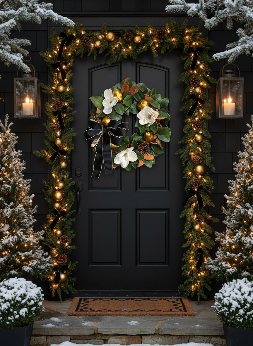 Opulent Magnolia Wreath on Black Door - Christmas