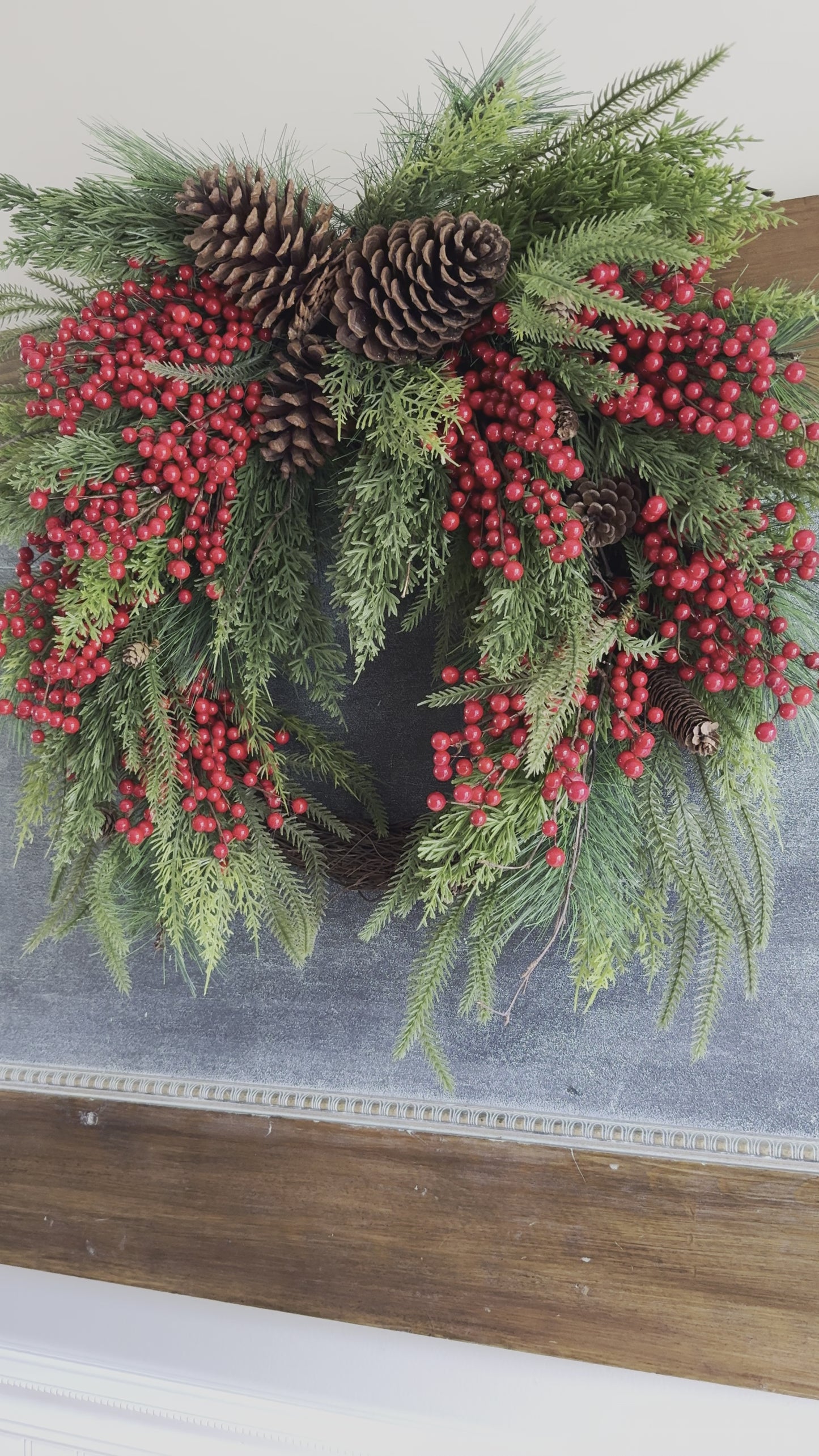 Load and play video in Gallery viewer, Faux Red Berry &amp;amp; Pinecone Wreath
