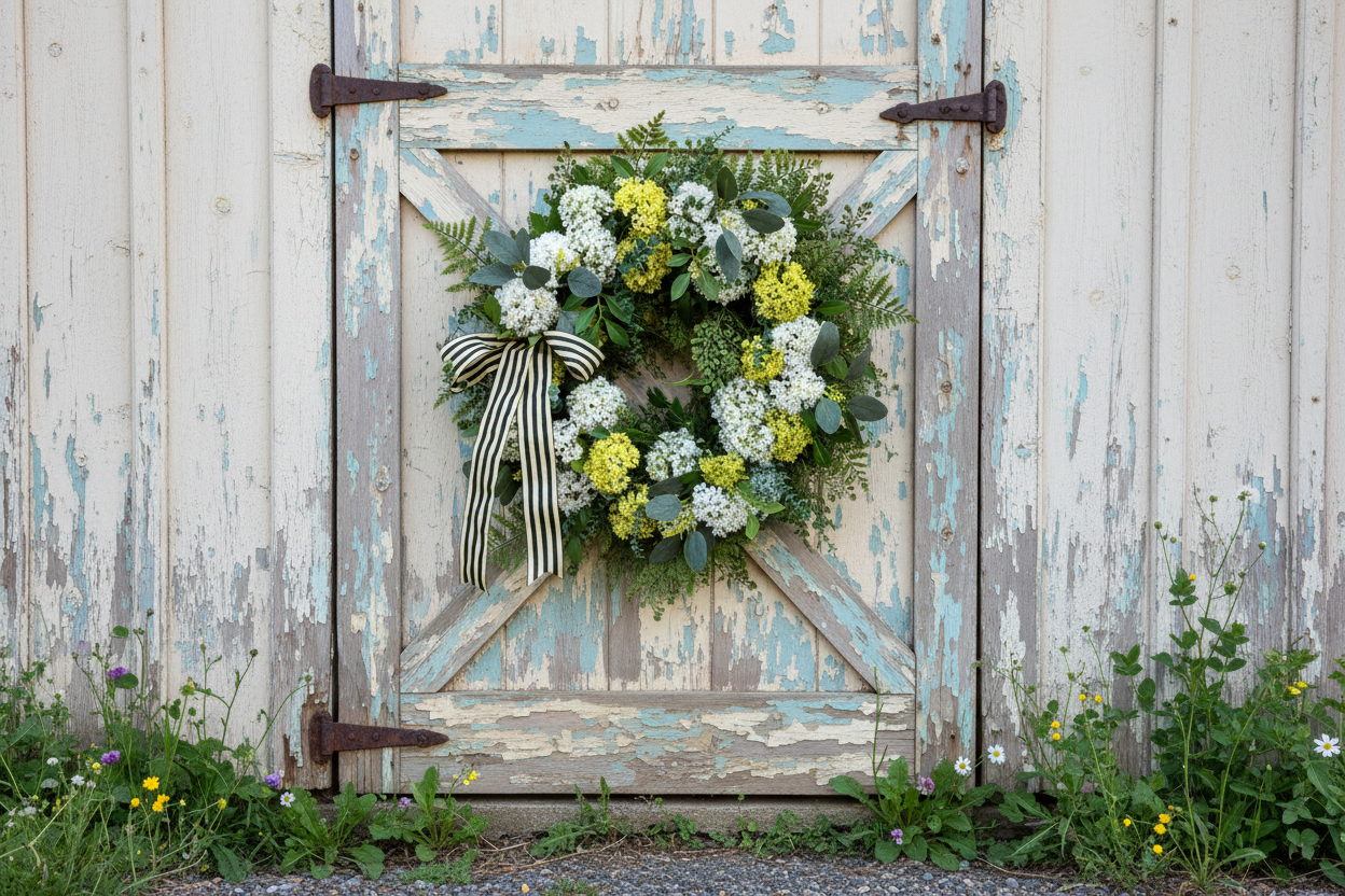 Realistic spring barn door scene with snowball hydrangea wreath