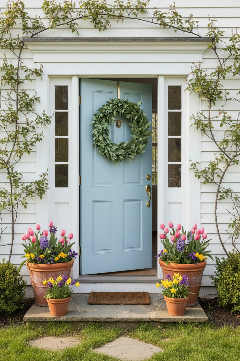 Spring cottage front door with olive branch wreath - realistic flowers