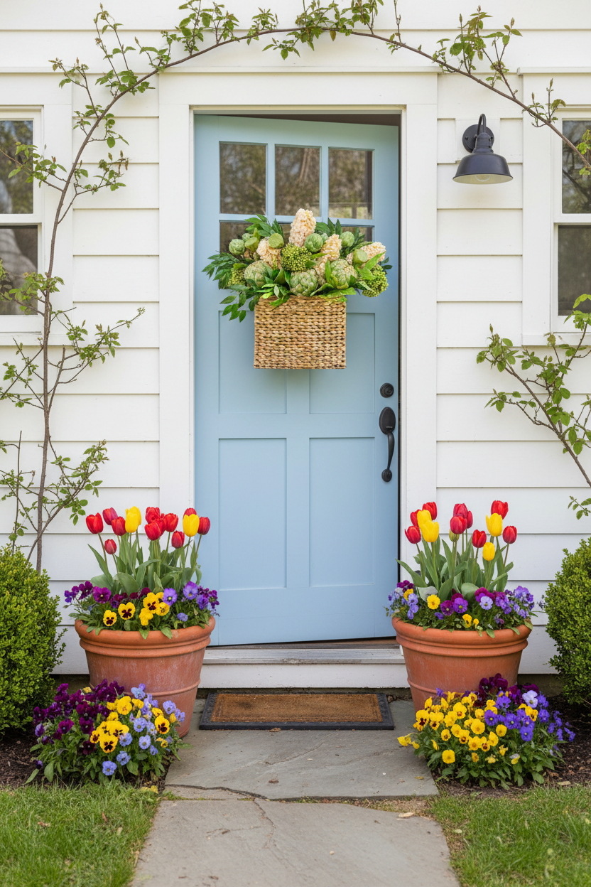 Spring cottage scene with properly sized hydrangea and artichoke basket