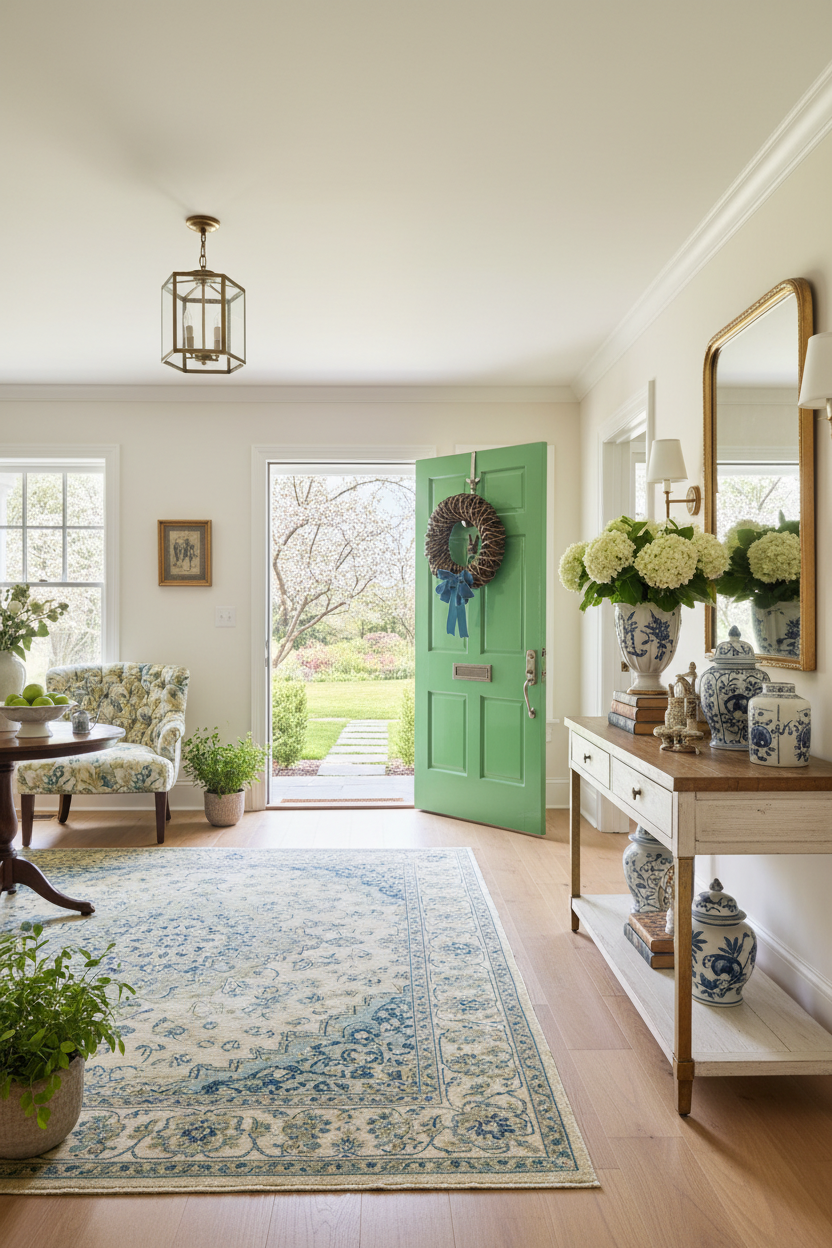 Spring Foyer Scene with Wicker Wreath with Bow