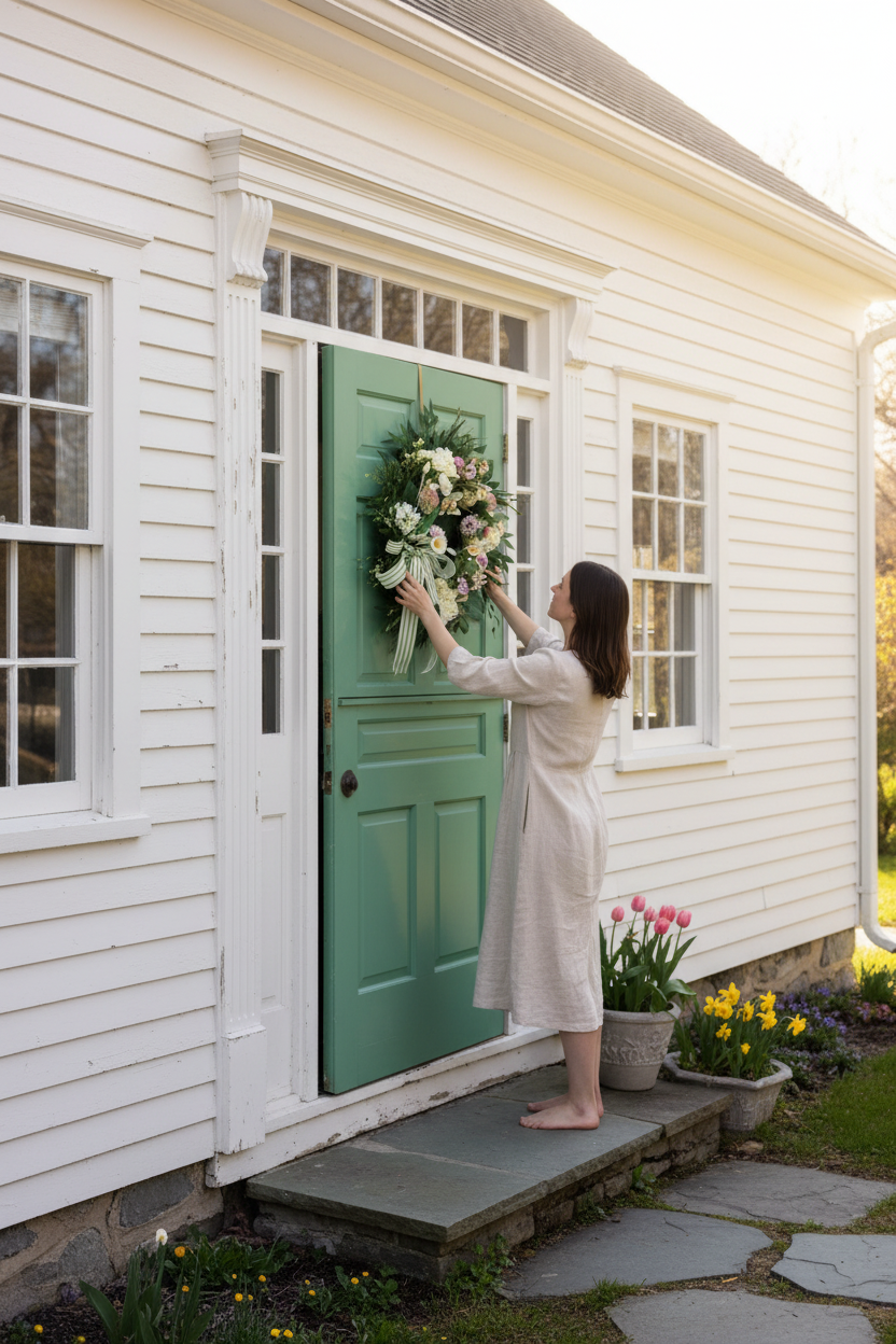 Spring front door scene with actual dogwood dahlia wreath on New England cottage Dutch door