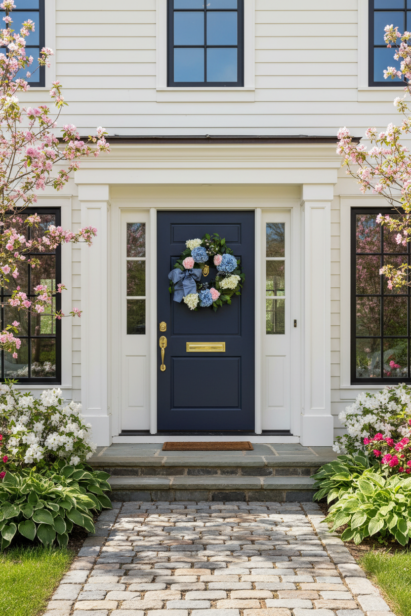 Spring front door with Hydrangea & Crabapple Wreath