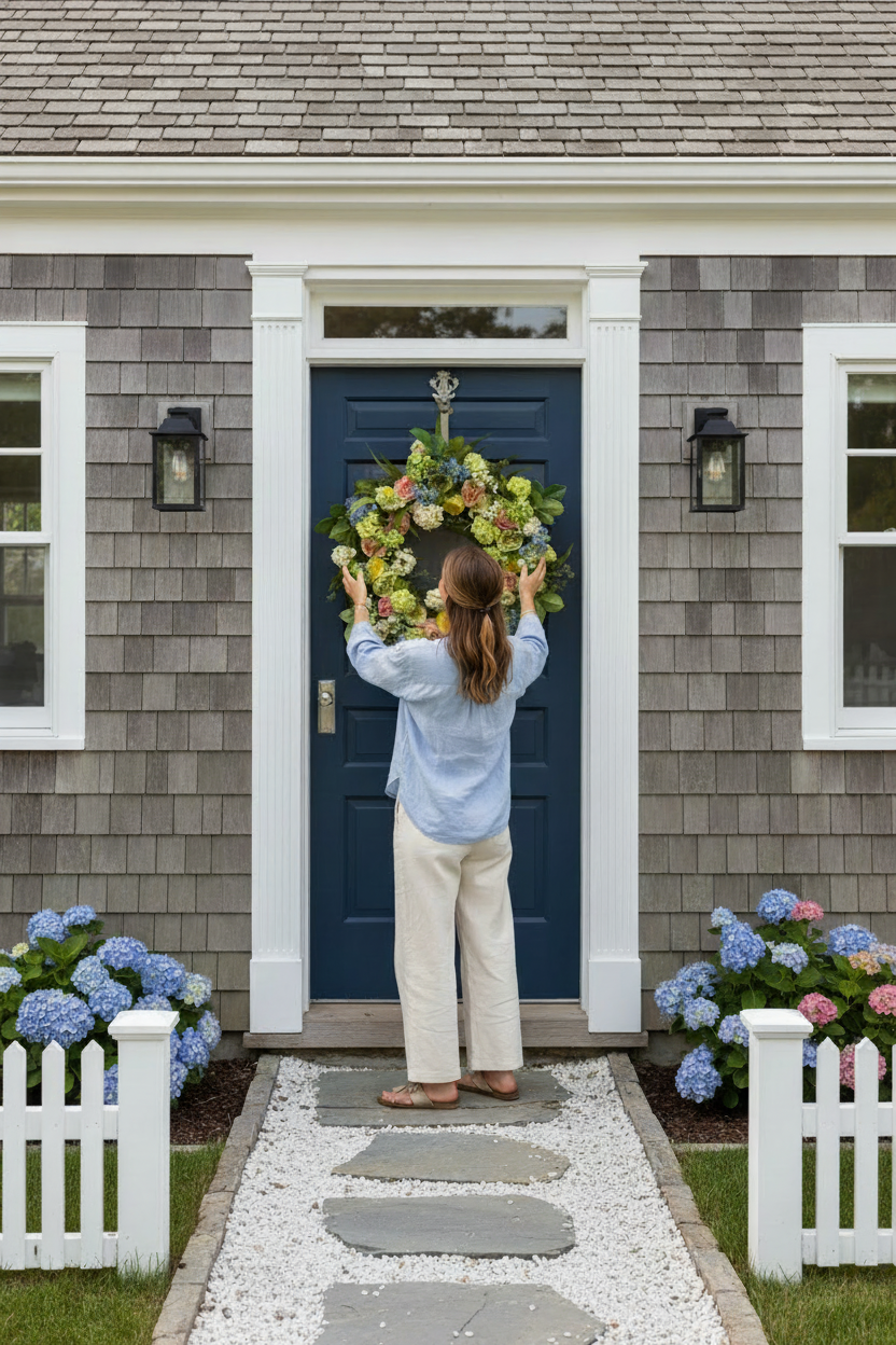 Woman Hanging Wreath - Over the Shoulder Editorial Shot