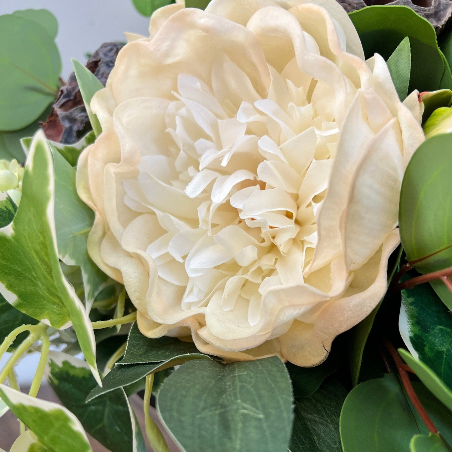 Peony, Artichoke, Hydrangeas, Eucalyptus and Ivy Floral Arrangement