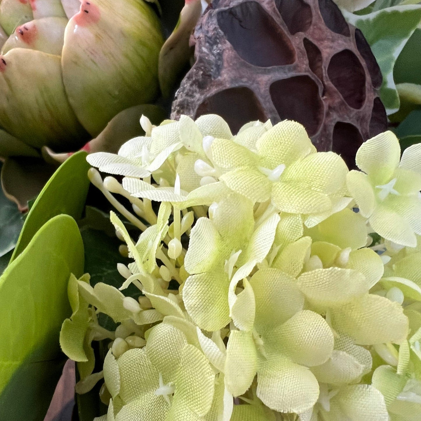 Peony, Artichoke, Hydrangeas, Eucalyptus and Ivy Floral Arrangement